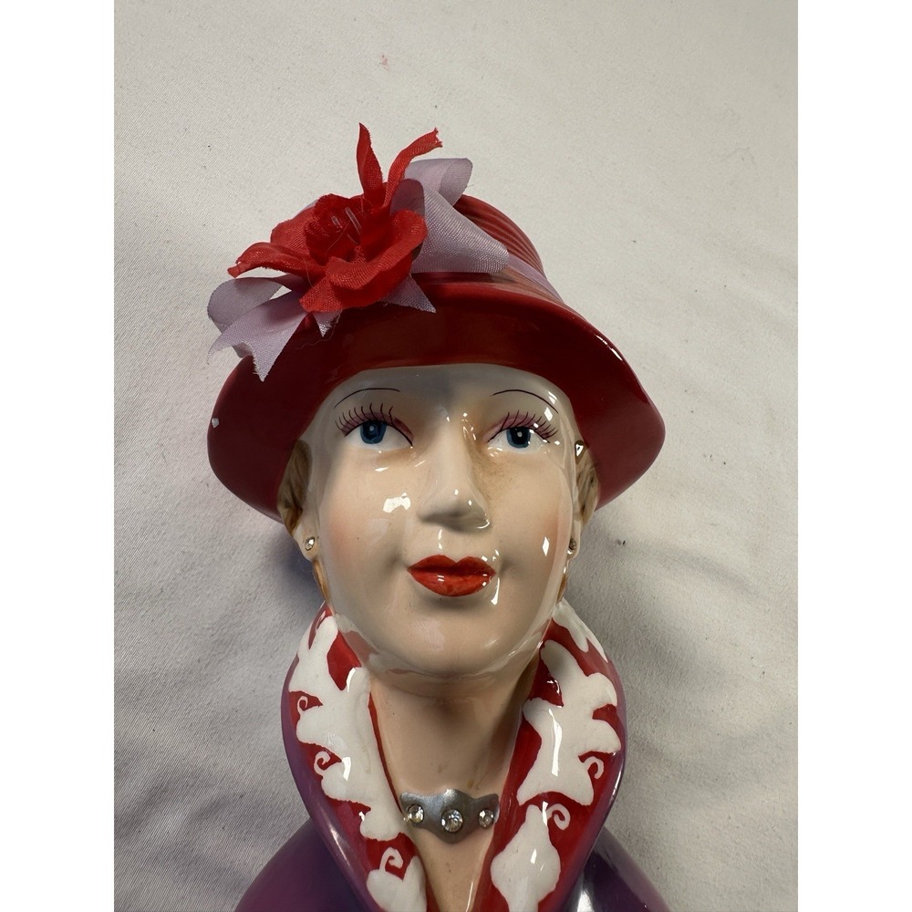 Lefton Red Hat Lady Head Vase 2003 Hand Painted Porcelain Rhinestone Necklace - Picture 2 of 14